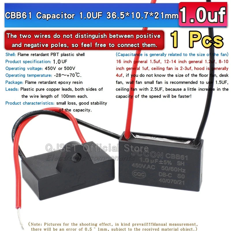 1pcs CBB61 Fan Starting Capacitor 450V 0.8/1/1.2/1.5/2/2.5/3/3.5/4/4.5/5/6/7/8/10/12/15/18/20UF Ceiling Fan Hood Motor Capacitor