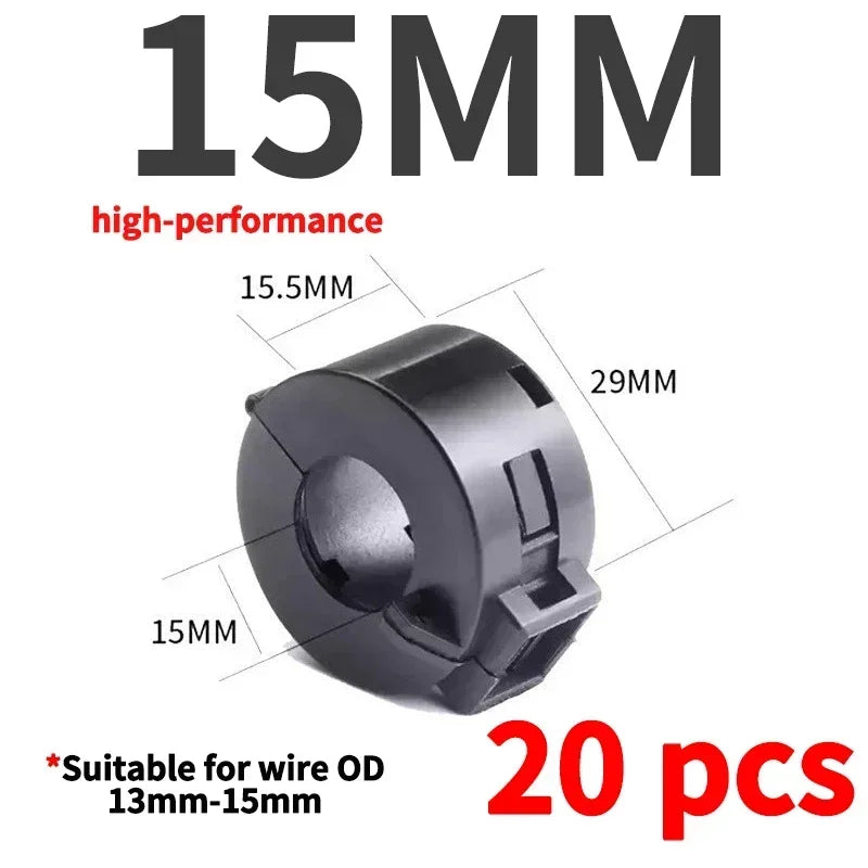 20Pcs 3.5/5/7/9/13/15mm Ring Core Ferrite Bead Clamp Choke Coil EMI RFI Noise Filter Clip Snap Cable for Black Magnetic Snap-on