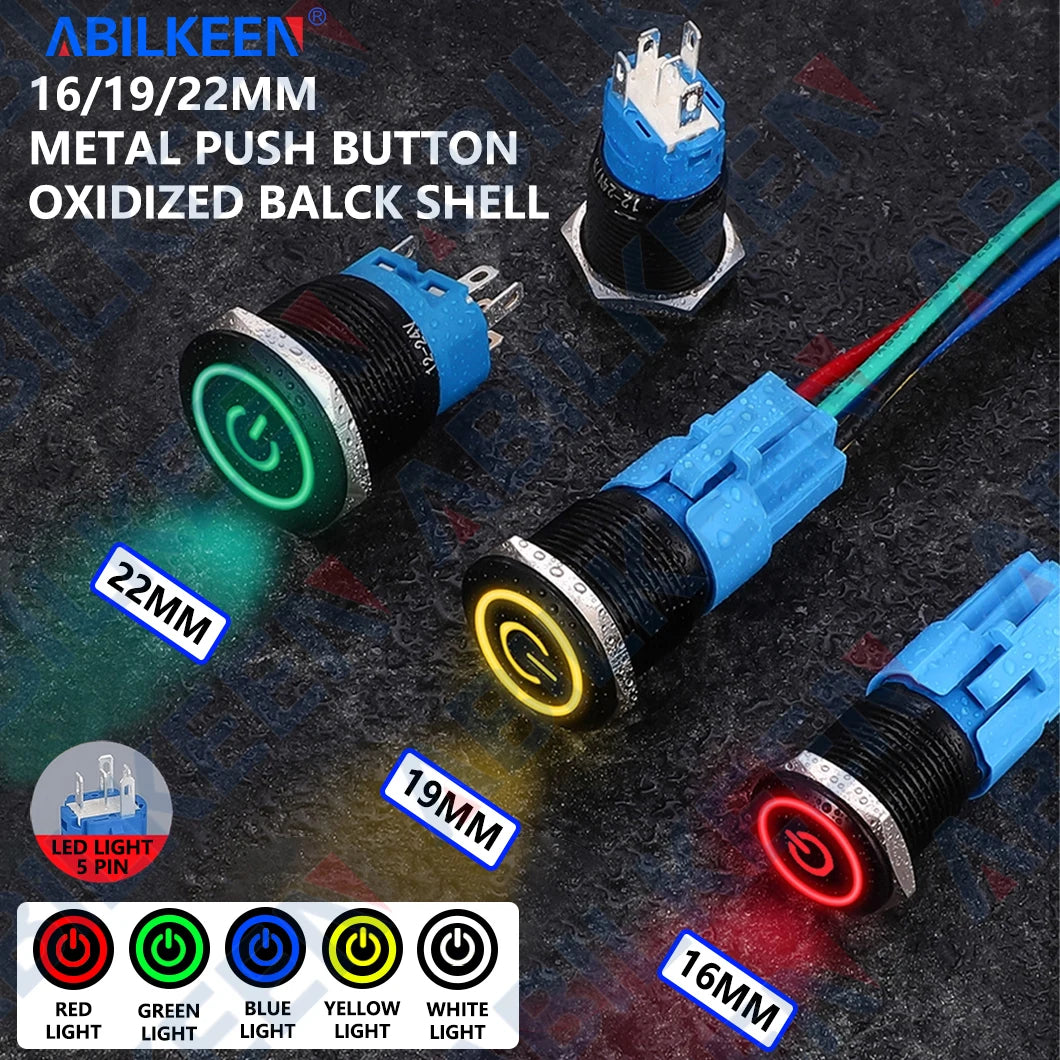 ABILKEEN 16/19/22MM Black Shell Metal Push Button Switch 1NO1NC Momentary/Latching Power Control Push Button with LED Light