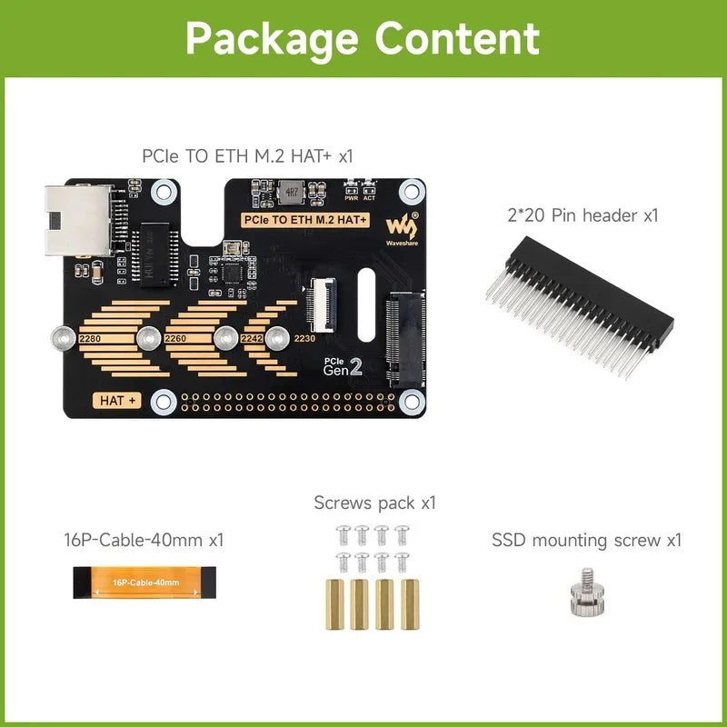 Raspberry Pi 5 PCIe To.2 NVME SSD And Gigabit Ethernet RJ45 HAT RTL8111H M_KEY 2230/2242/2260/2280