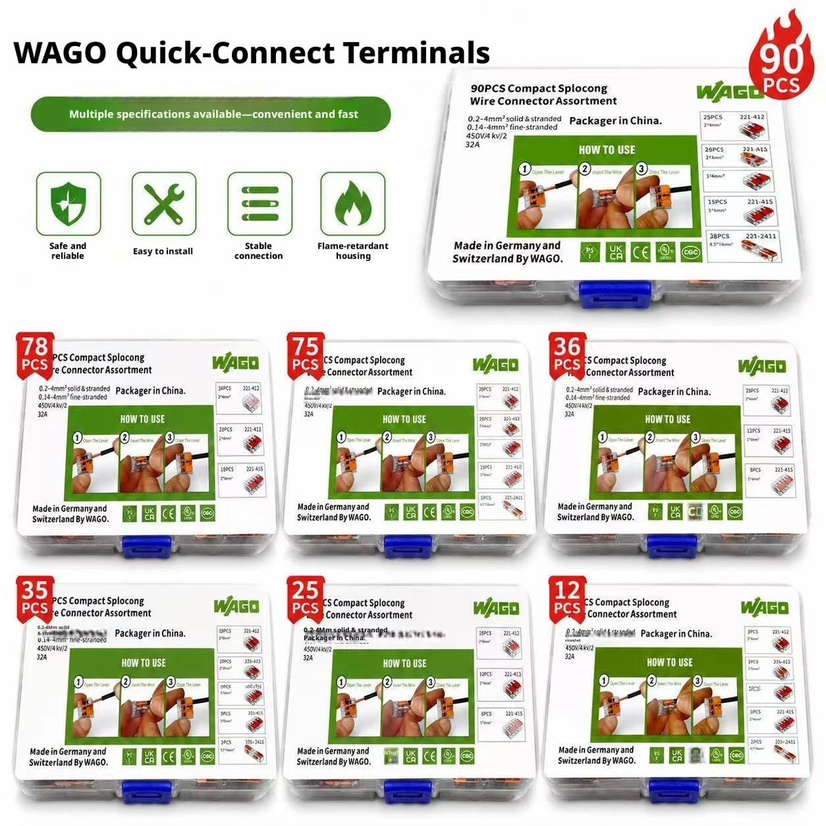 WAGO 221‑Series Splicing Connector Assortment Kit, 12/28/35/36/75/78/90 PCS Mixed Set For 221‑412 413 415 2411