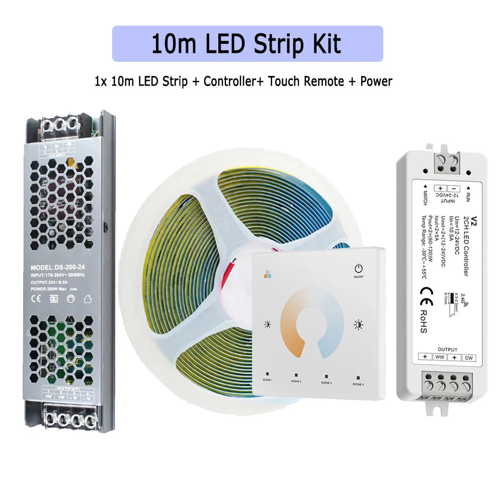 5M 10M 20M COB CCT LED Strip 24V Flexible High Density Dimmable Room Light 2.4G RF Touch Remote Control Dual White 2700K-6500K
