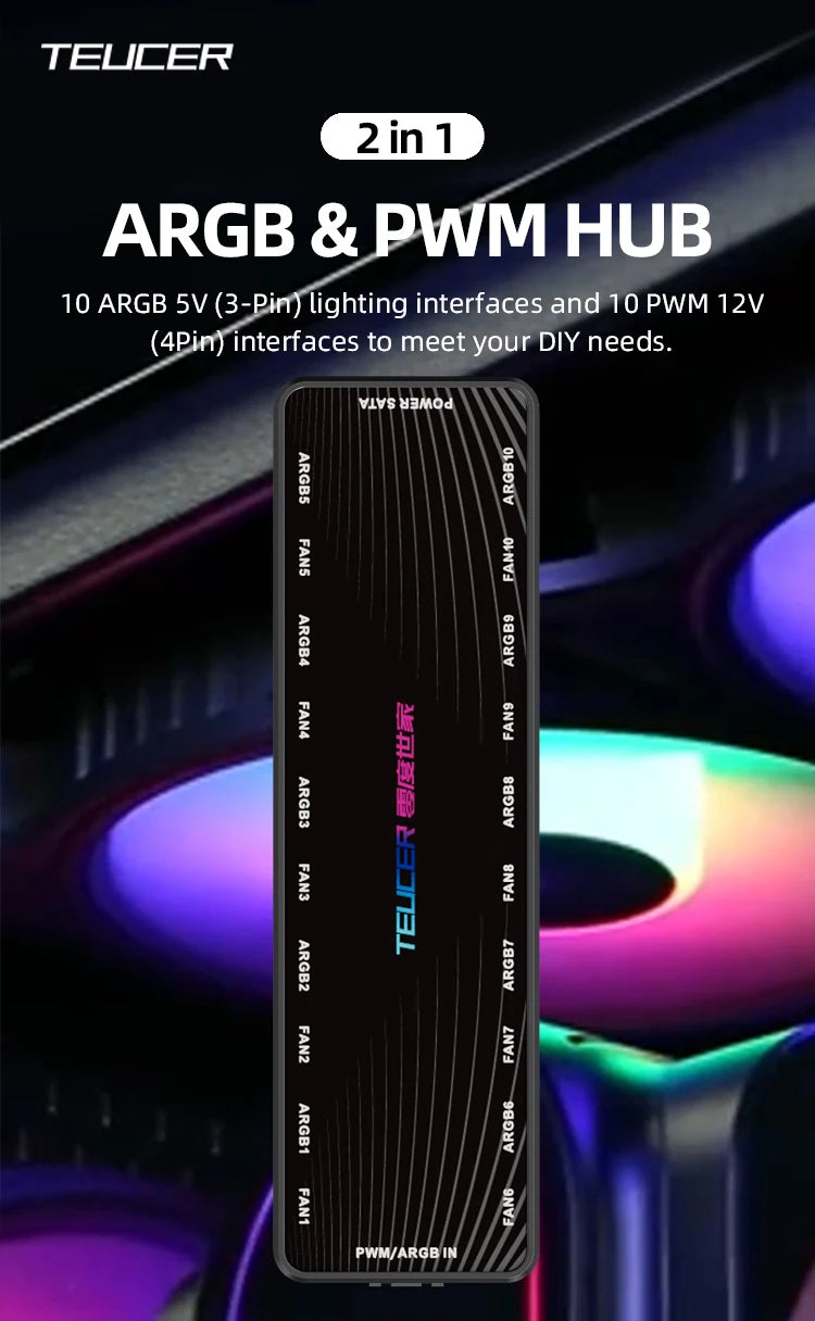 TEUCER LP-10P 12V 4Pin PWM & 5V 3Pin ARGB with SATA 10 Way Sync Fan Hub PC Cooling Fan Addressable RGB Lighting Splitter