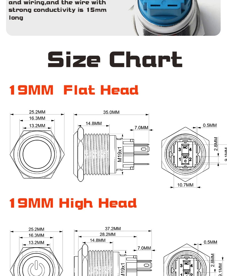 19MM LED Metal Button Switch Stainless Steel 1NO1NC Momentary Latching High Head Lamp Waterproof Button 12V 24V 220V