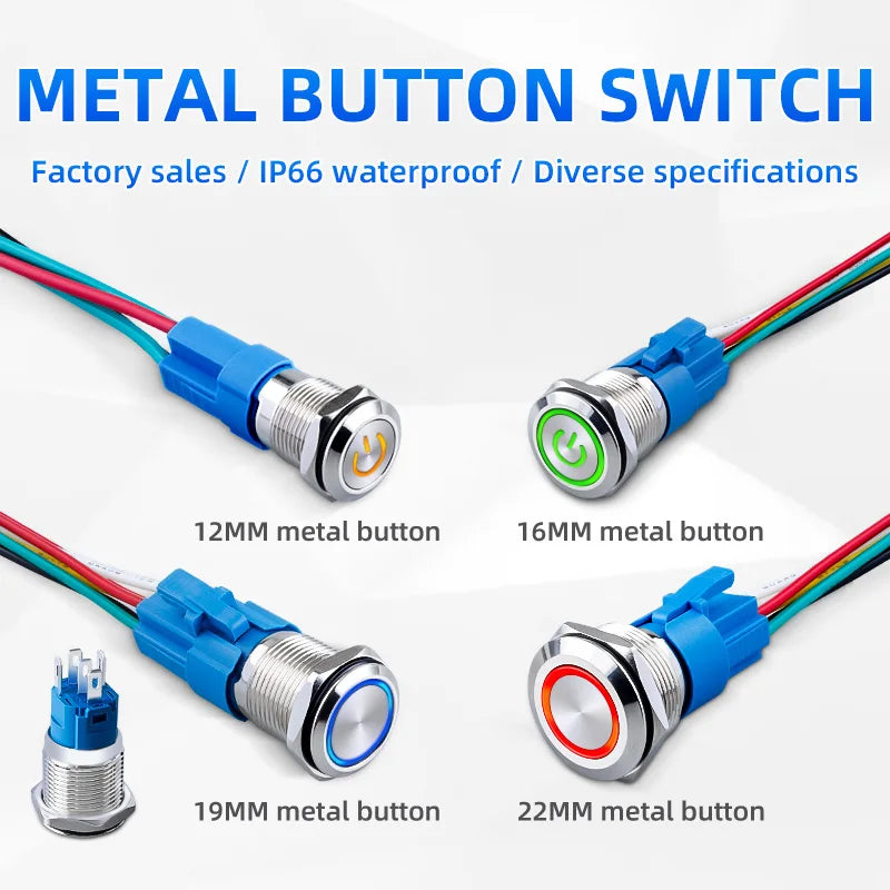Metal Switch Button Push With Wire Waterproof on off 12mm 16mm 19mm 22mm Momentary/Latching Led Light Start Stop 5V 12V 24V 220V
