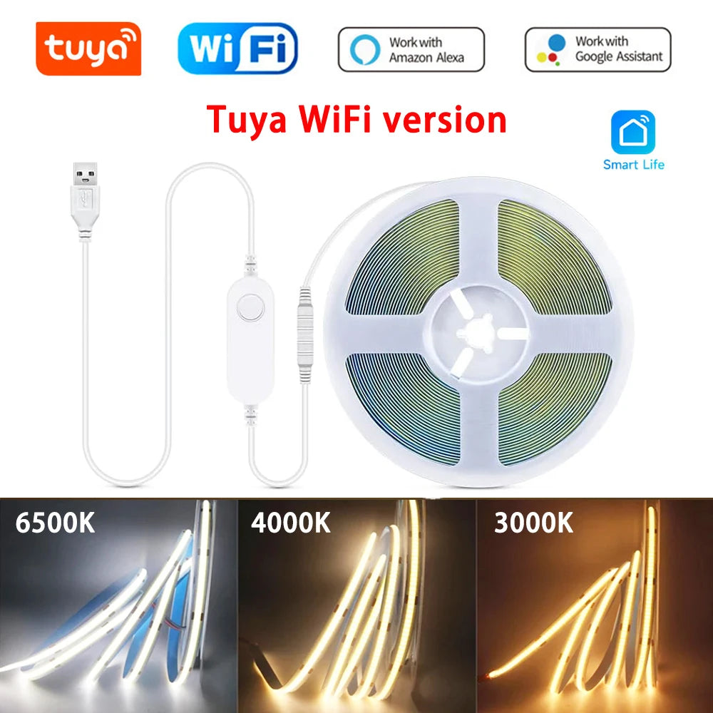 5V USB Tuya WiFi Tuya Zigbee 3.0 Warm White COB LED Strip Light Flexible Dimmable 8mm Width 320leds/m 4mm Width 480leds/m RA90