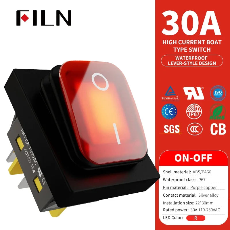 30A/250V Heavy Duty 4 Pin DPST IP67 Sealed Waterproof T85 Auto Boat Marine Toggle Rocker Switch with LED 12V 220V 30x22
