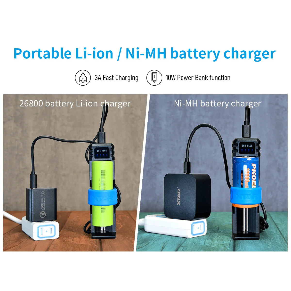 XTAR 26800 Battery Charger QC PD USB C 3A Fast Charging 21700 26650 26800 NiMH D Batteries 10W Power Bank 18650 Charger SC1 PLUS