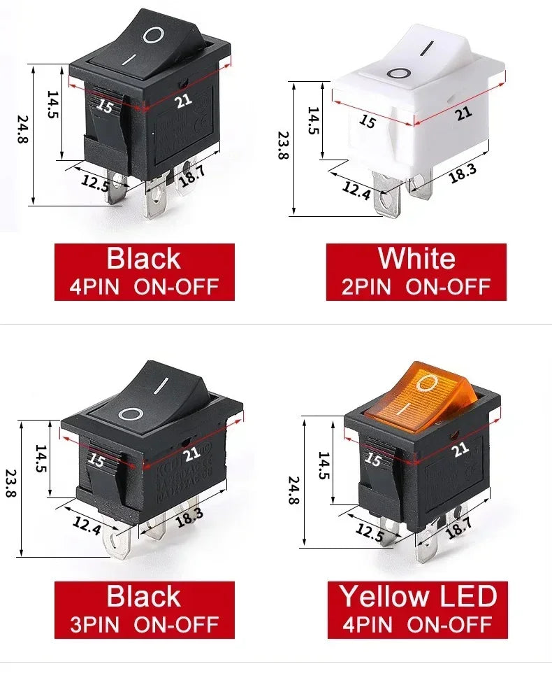 10/30/100 Pcs KCD1 Snap - in Boat Rocker Switch - SPST ON - OFF, 2/3/4 Pin, 250V 6A (AC) / 125V 10A, 2P Toggle Power Snap Switch
