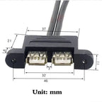 Motherboard 9-Pin to Dual Port USB 2.0 A Female With Ear Screw Hole Panel Data Extension Cable DuPont 2.0/2.54mm 9Pin Terminal