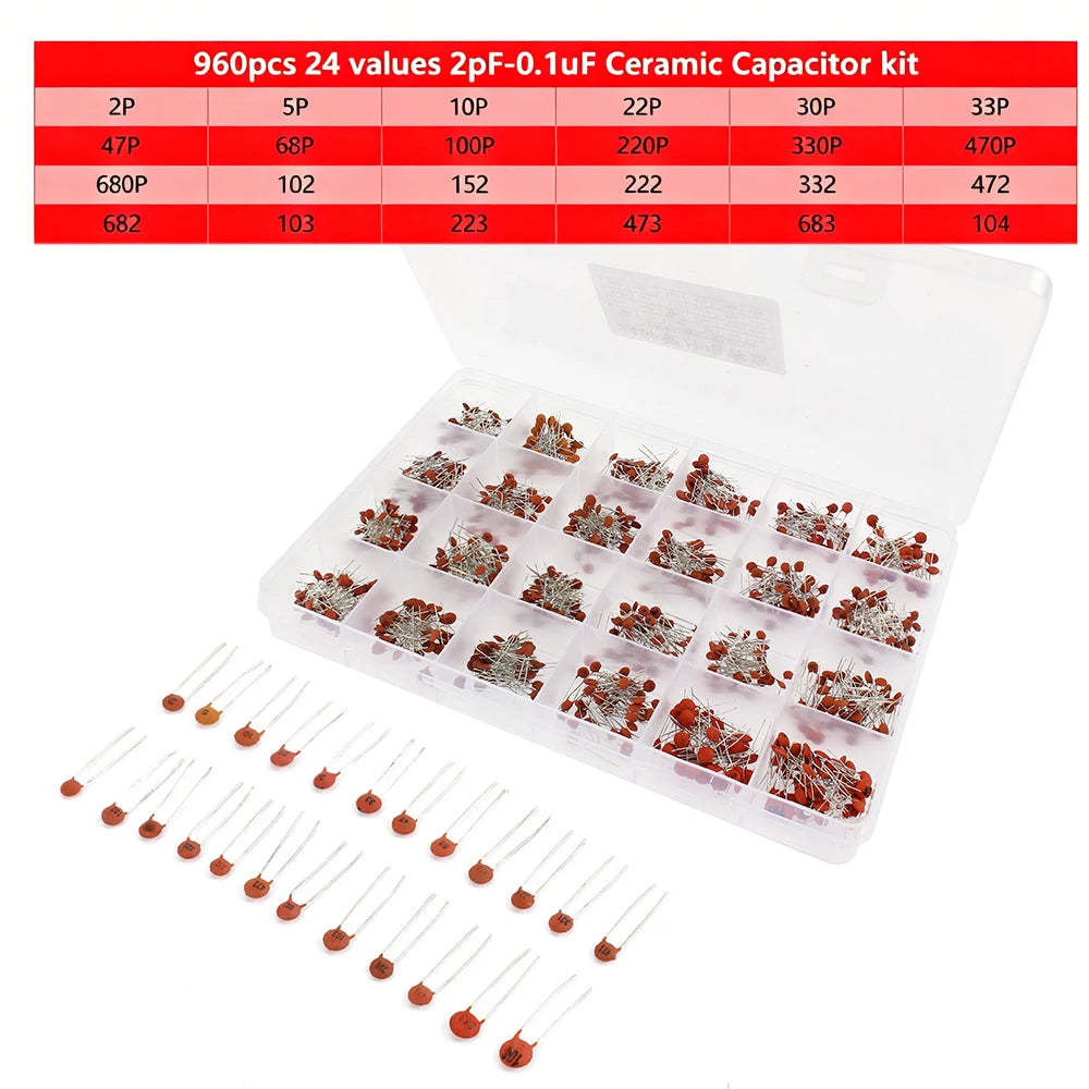 300/960PCS Ceramic Capacitor Kit 2pF-0.1uF Direct Insertion Assorted Set Electronics Components DIY Sample Pack