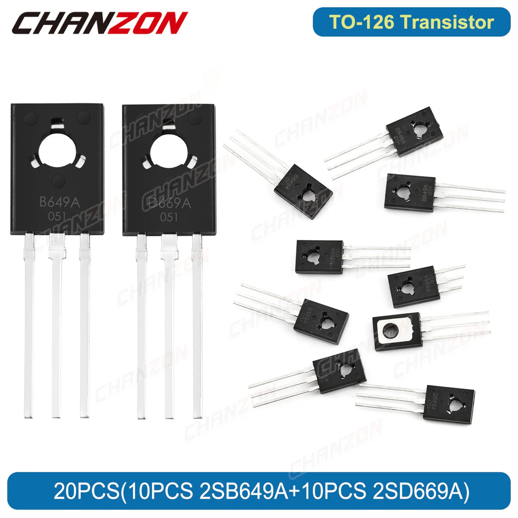 20PCS (10PCS 2SB649A + 10PCS 2SD669A) TO126 NPN PNP Transistor Kit Bipolar Junction Triode Tube Fets Integrated Circuits BJT