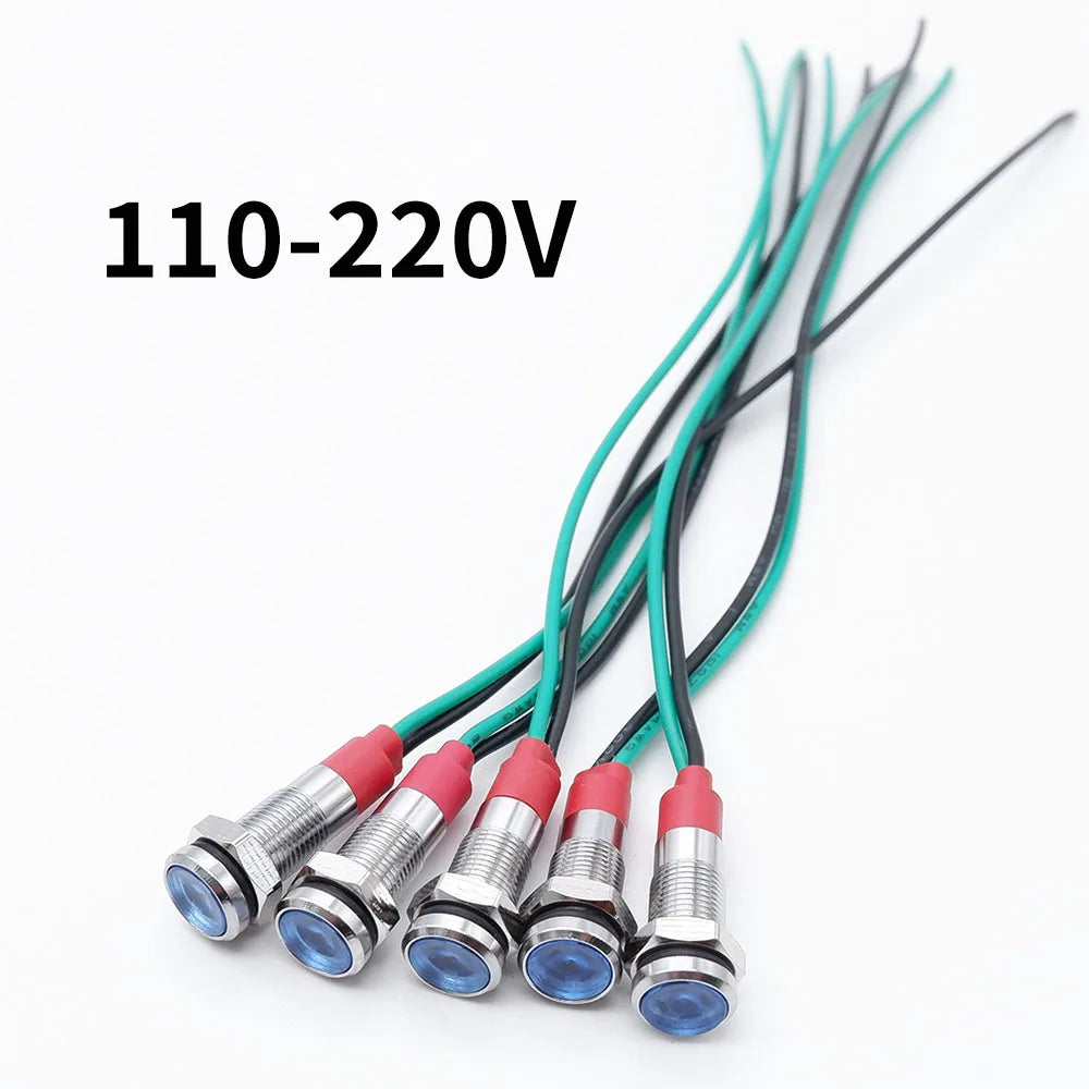 5pcs 6mm Metal Indicator Light LED Warning Signal Lamp Pilot With Wire 3V 5V 6V 12V 24V 220V Red Orange Blue Green White