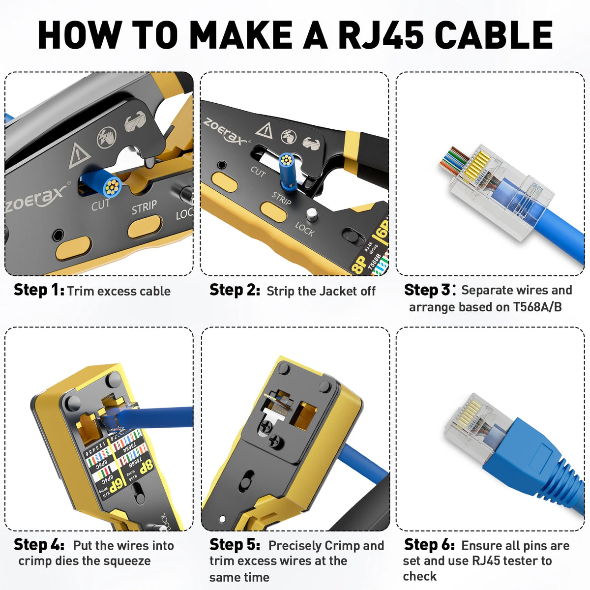 ZoeRax RJ45 Network Tool Kit with CAT6 Crimper Tool,20Pcs CAT6 CAT5 Connectors and Plug Covers,Mini Wire stripper,Blades,