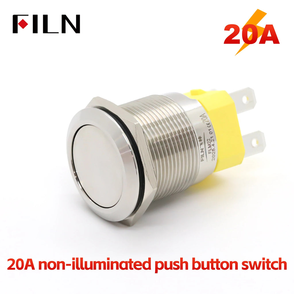 FILN 22mm 20A Metal Push Button Switch with Wire Harness Connector IP67 Waterproof LED Ring Light High Current Switch 12V 220V