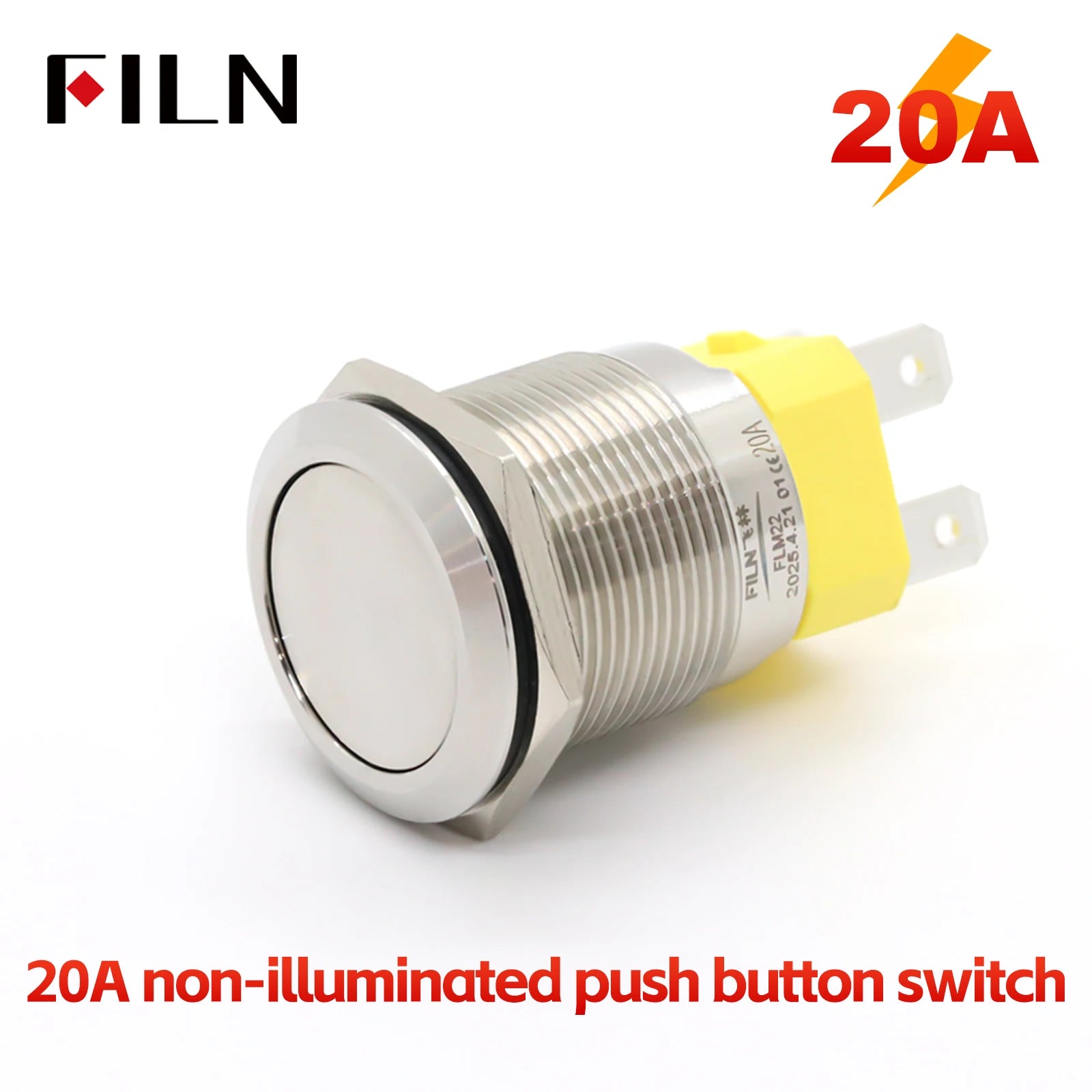 FILN 22mm 20A Metal Push Button Switch with Wire Harness Connector IP67 Waterproof LED Ring Light High Current Switch 12V 220V