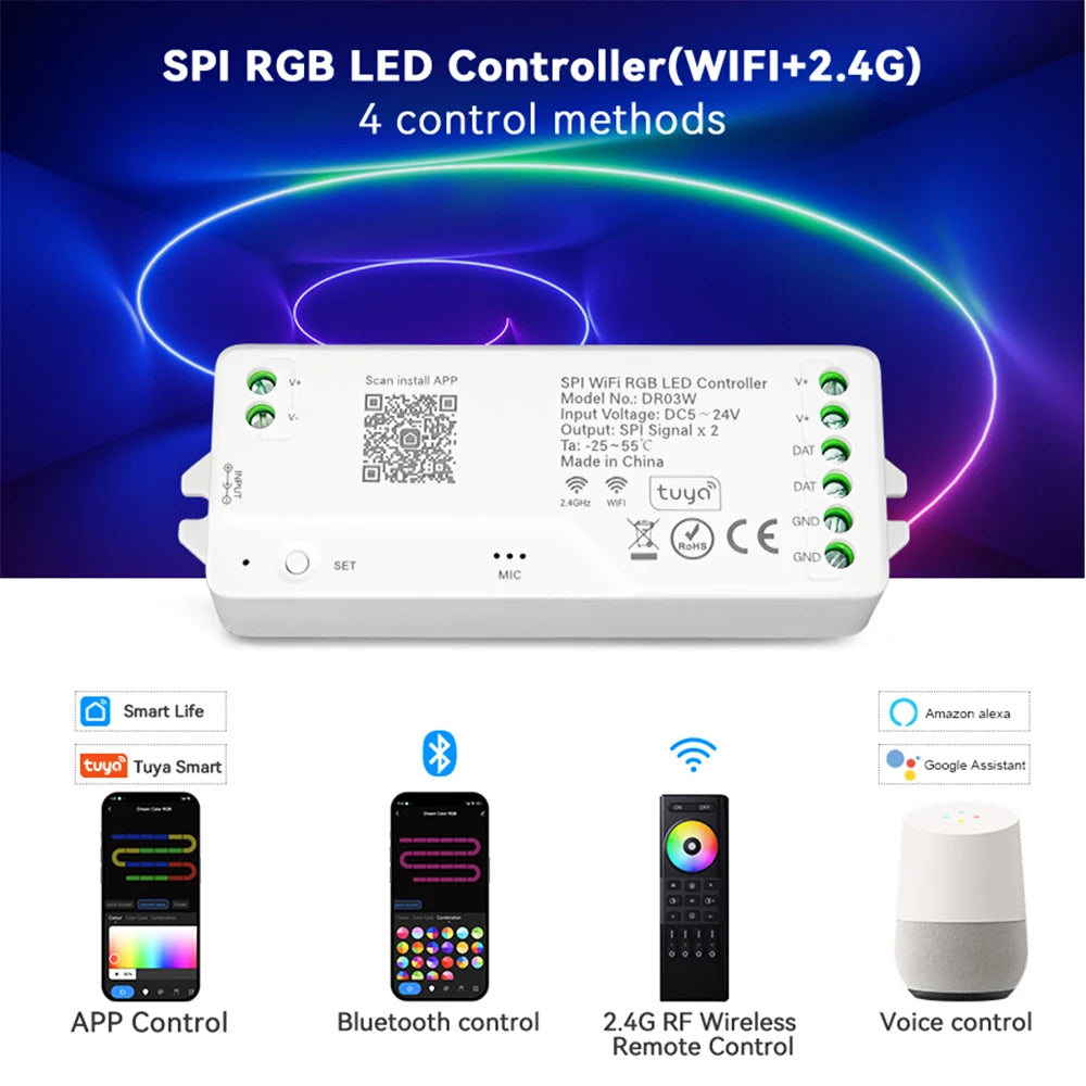 Tuya Wifi SPI RGB Controller DR03W RGBW DR04W For WS2812B WS2811 Addressable LED Strip Light Alexa Google Voice Control