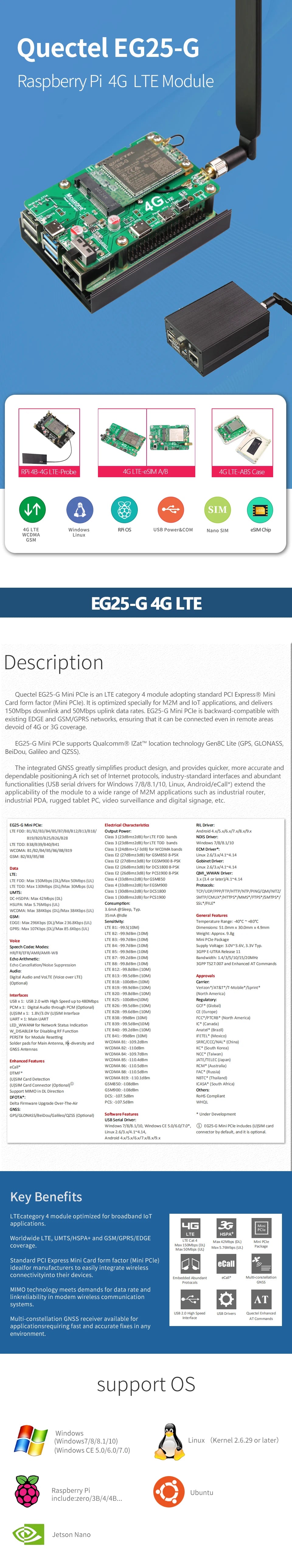 Quectel EG25-G Global BAND 4G LTE WCDMA GSM GPRS, for Raspberry Pi Rockchip ARM Android Linux Wince Windows  Quectel EG25
