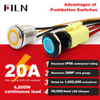 High Current 19mm 22mm 20A 12V 24V 110V 220V IP68 Waterproof Flat Ring Round Push Button Switch Metal Stainless Steel 20cm Wire