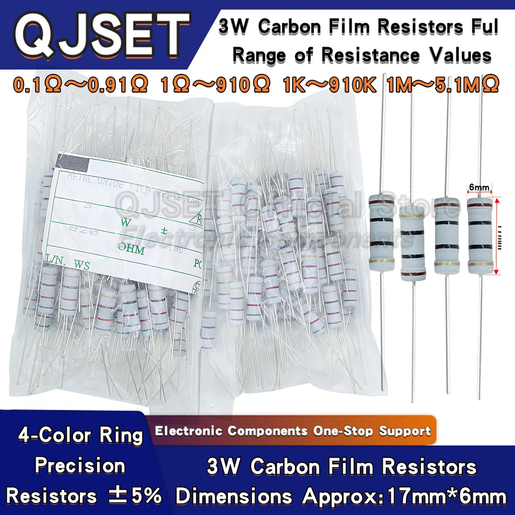 100pcs 3W Carbon Film Resistors 5% Tolerance Oxide Film Resistors 3W 1 47 100 220 470 Ohms 1K 4.7K 10K 47K 100k 200k 470k 1M Ohm