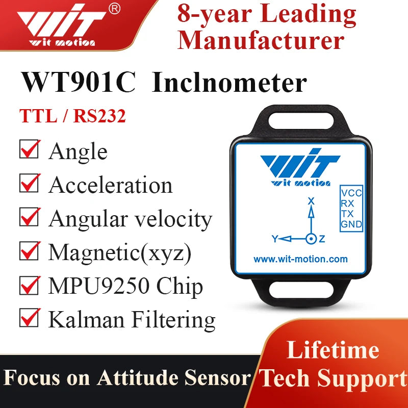 WitMotion WT901C 9-Axis Vibration Inclinometer MPU9250 High-Stability Acceleration+Gyro+Angle(XY 0.05° Accuracy)+Digital Compass