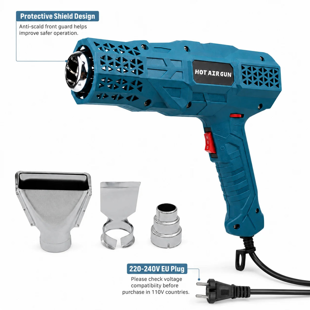 1600W Electric Heat Gun Hot Air Gun Adjustable Temperature 60-600°C with 3 Nozzles for Paint Removal Shrink Tubing Vinyl Wrap