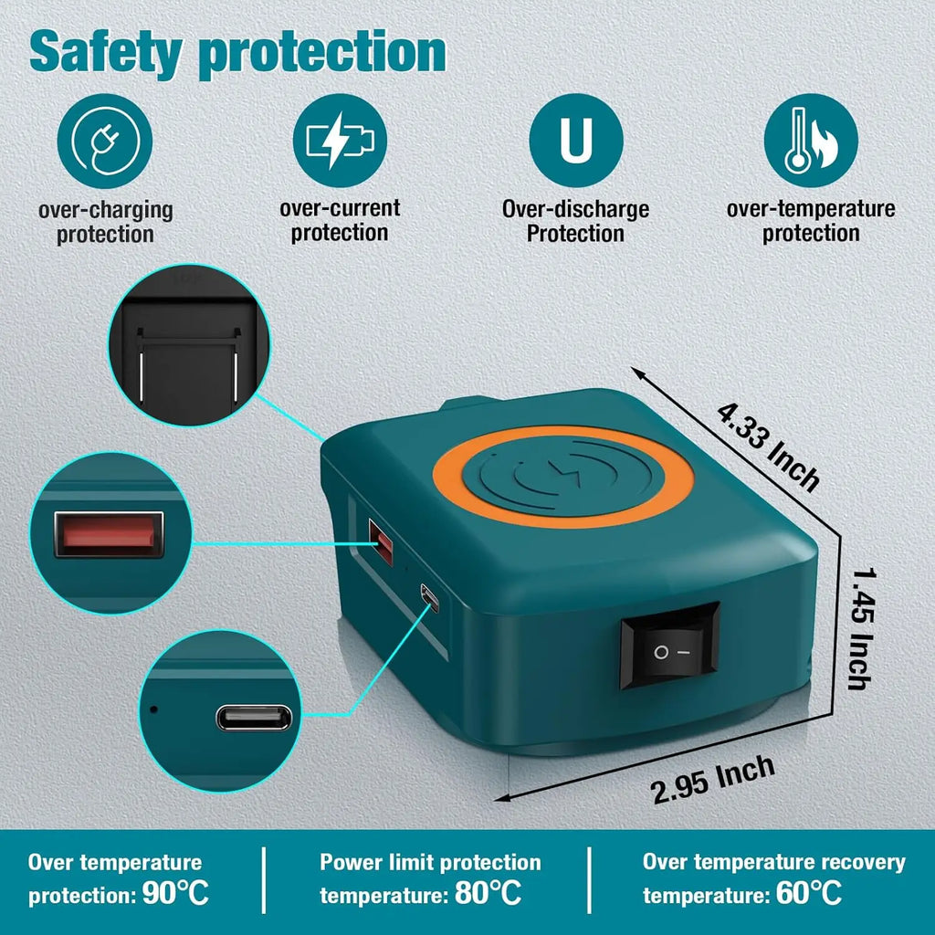 Fast Wireless Charger Adapter for Makita/Milwaukee/Dewalt 18V Battery - with Type C & USB Output, Wireless Phone Charger