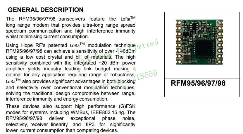 RFM95 20dBm 100mW 868Mhz 915Mhz DSSS spread spectrum wireless transceiver module SPI SX1278 SX1276 SMD lora module