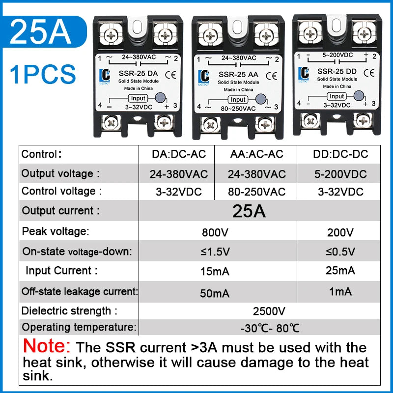 LCTC 1PCS SSR Solid State Relay DC To AC to DC 10A 25A 40A 50A 60A 80A 100A Zero-crossing Relay 3-32VDC
