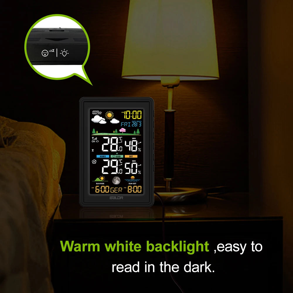 BALDR Wireless Color Weather Station DigitalThermometer Hygrometer Clock Calendar Barometer Sun Time Forecast Trend Sensor -40℃