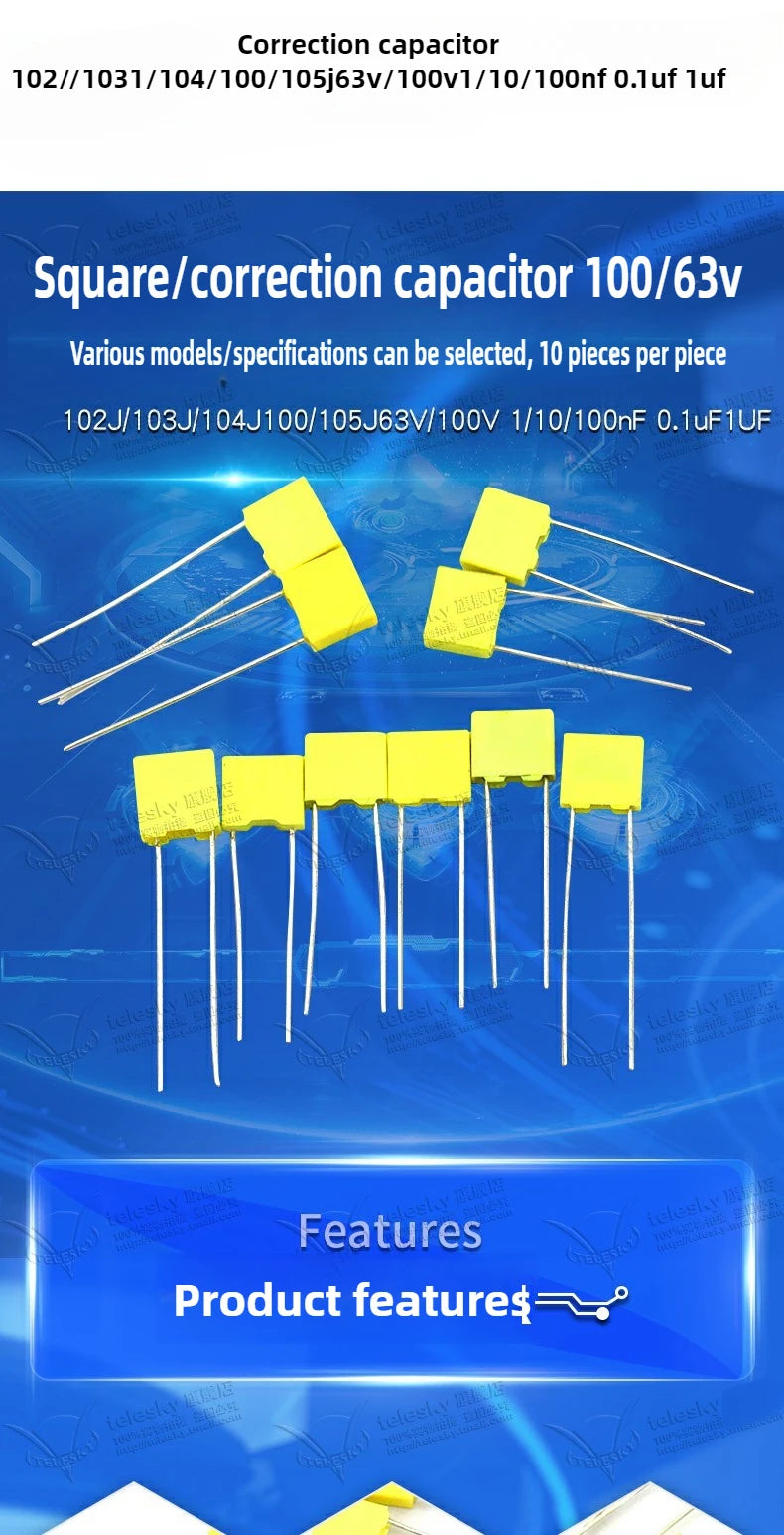 10PCS 100V Correction Capacitor Polypropylene Safety Plastic Film 100V 1nF ~ 470nF 100nf 220nf 10nf 47nf 22nf 1nf 0.47uf 0.1uf