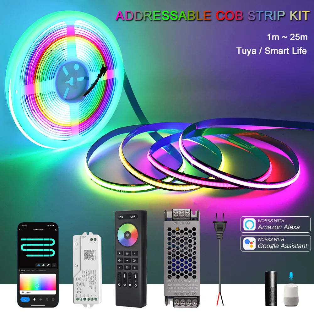 RGB-IC COB LED Strip with Tuya Wifi Controller 2.4G Remote Alexa Google Home Rainbow Color Addressable LED Tape 10m 20m 25m Kit