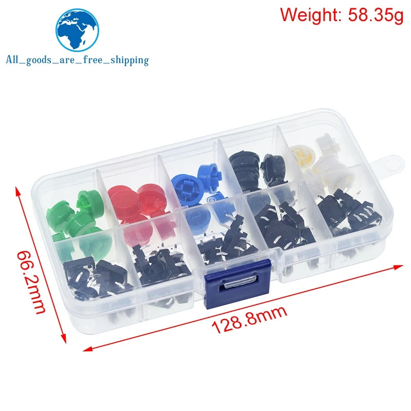 25PCS Tactile Push Button Switch Momentary TZT 12*12*7.3MM Micro switch button + 25PCS Tact Cap(5 colors) for Arduino with Case