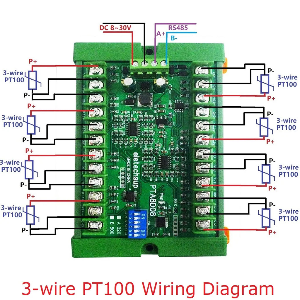 8ch DC 8-30V PT100 RTD RS485 Temperature Sensor Module Modbus RTU Platinum Thermal Resistance Collector -40~500C