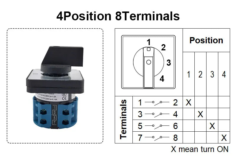 Electric 2/3/4 Position 8 Terminals Rotary Cam Changeover Switch 500V 20A LW28-20