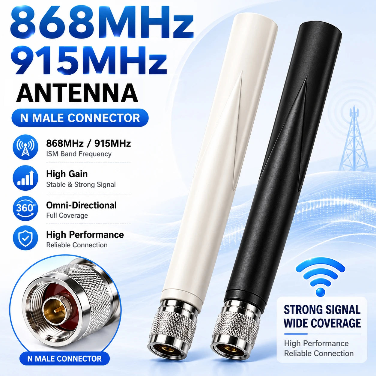 LoRa WAN N Male 868MHz 915MHz Omni High-Gain Data Transmission Module Antenna Outdoor Waterproof Helium HaLow Application