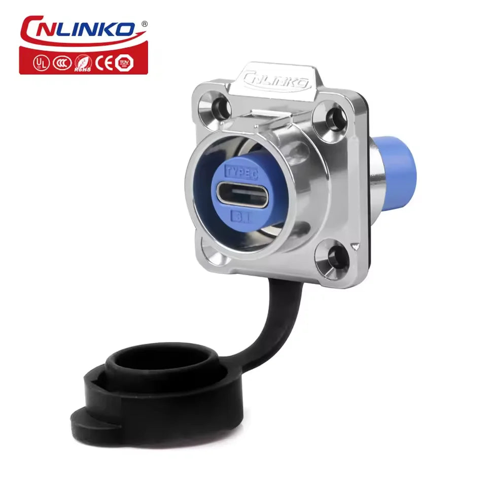 Cnlinko LP16 Waterproof Type-C 3A Female Socket Jacks Panel Mount USB C Connector for Fast Charging Data Transfer 10Gbps