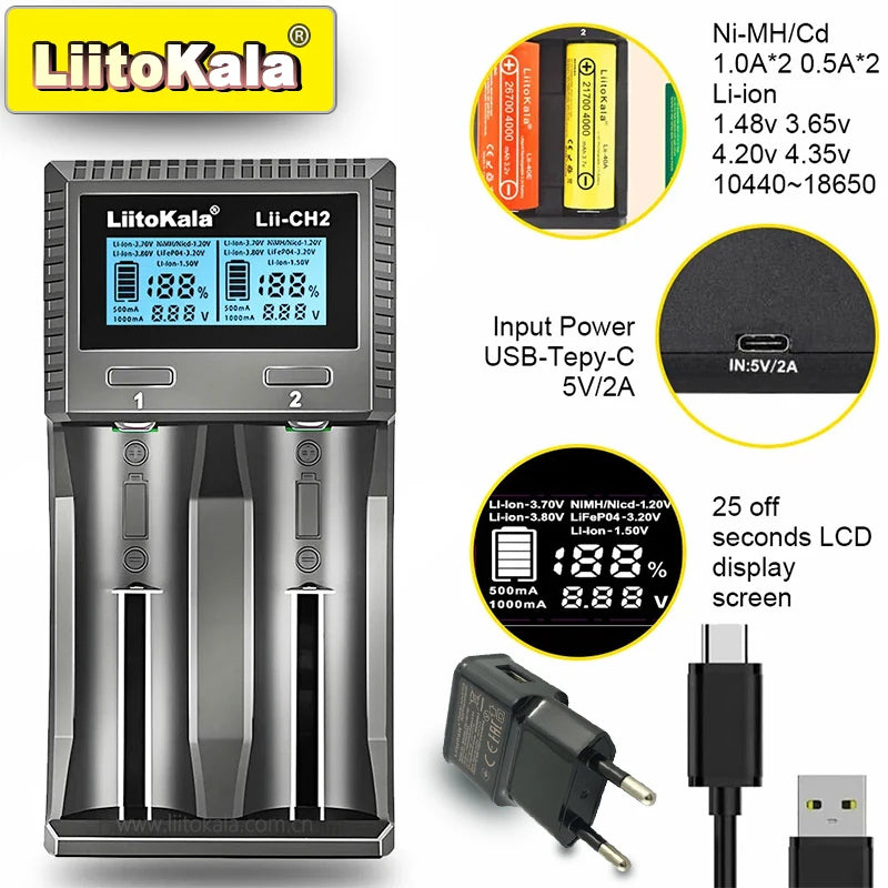 LiitoKala Lii-CH4 Smart Charger for 18650/21700/26650/AA/AAA/Ni-MH/Li-ion,1.2V/1.5V 4-Slot Fast Charge, USB-C, Auto Detect