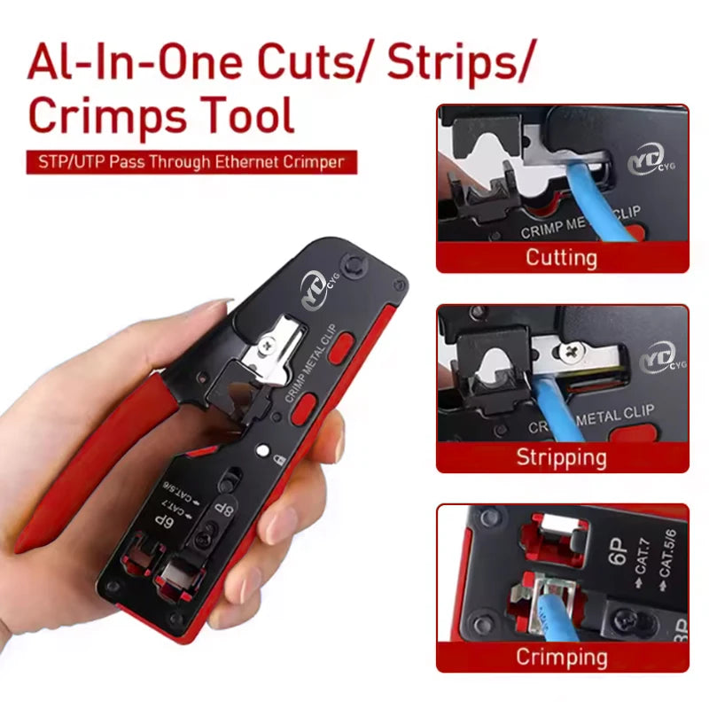 Rj45 Rj12 Rj11 Pass Through Crimp Plier Cat7 Cat6 Cat6A Cat5 Cat5e Stripping Crimping Tool with 8P/6P Ethernet Connectors
