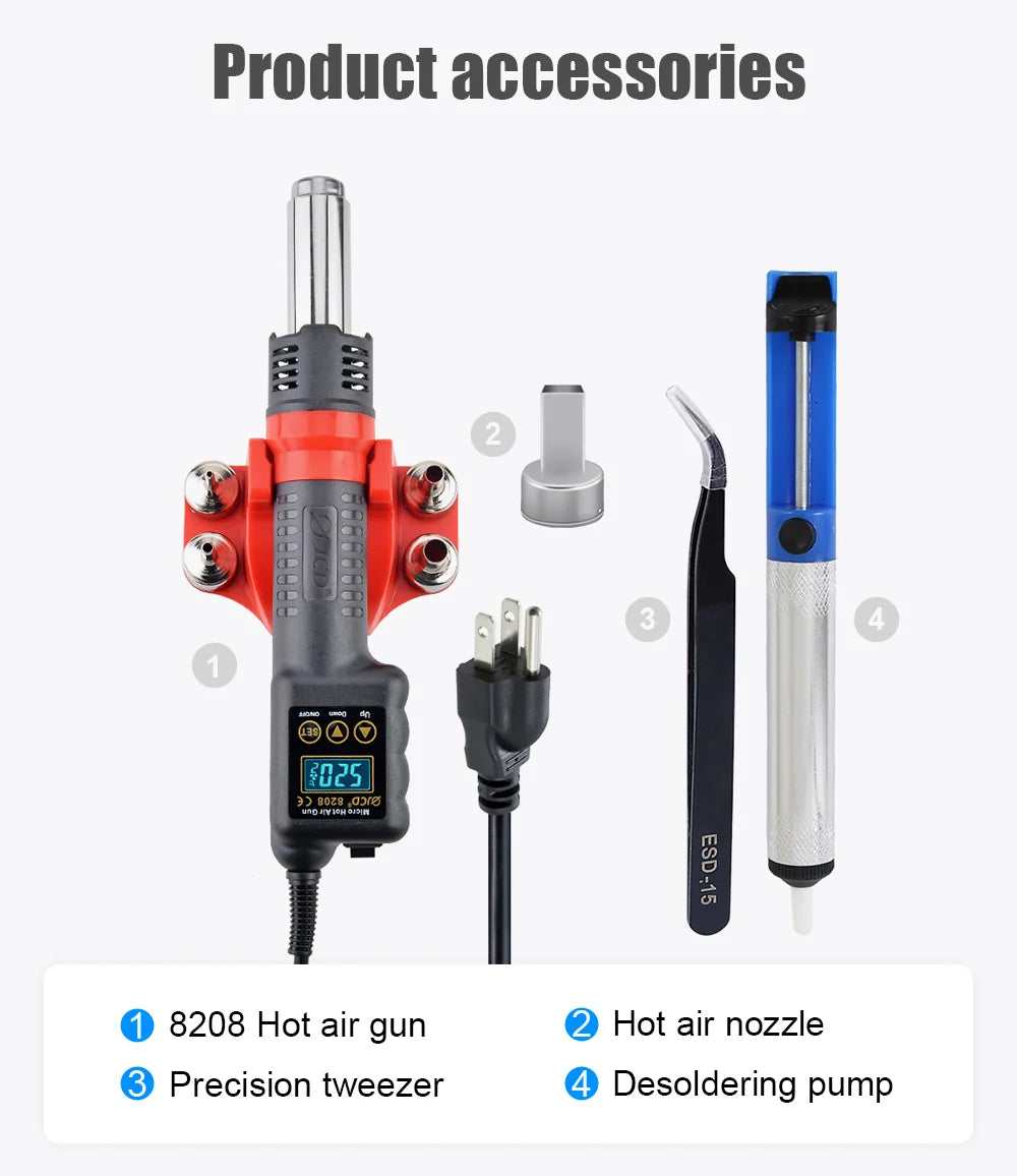 JCD 750W Micro Hot Air Gun 8208 Soldering Rework Welding Station LCD Digital Heat Gun BGA IC Solder Tools With Heat Shrink Tube