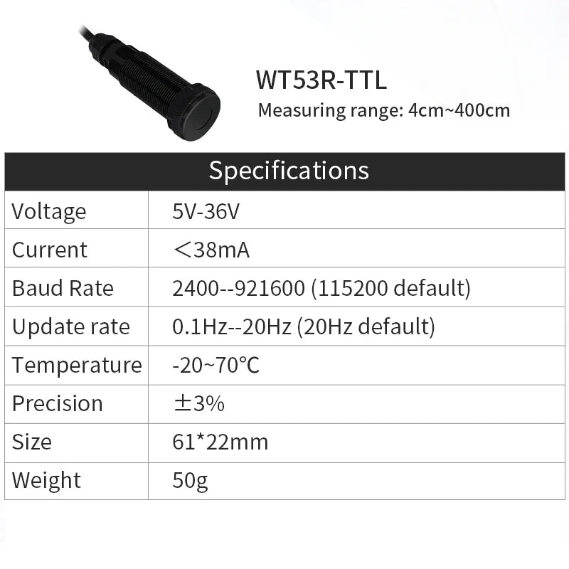 WT53R Time-of-Flight (ToF)Laser Ranging Sensor Module,VL53L1X Sensor Module Distance 400cm,RS485 Modbus/TTL, TOF050F TOF200F