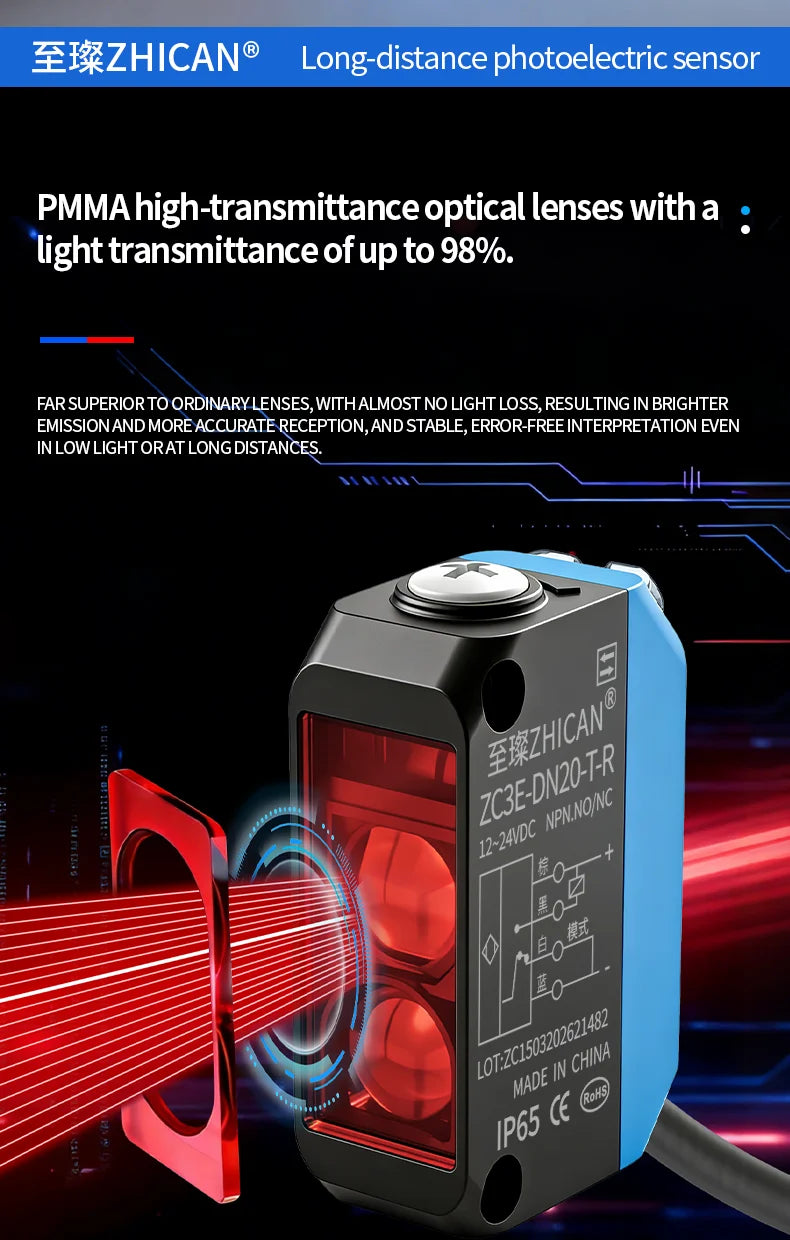 ZHICAN ZC3E Long Range Photoelectric Sensor 2m Diffuse Reflective Switch NPN NO 24V DC Object Detection
