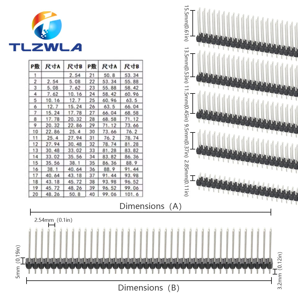 2.54mm 2X40 Pin Single Double Row Male Connector PCB Board Pin Header Long 8.5/11.5/13/14/15/17/19/25/30mm 1X40P Strip Pinheader