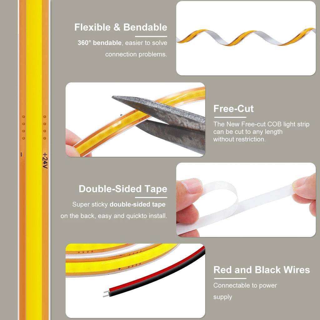 5mm 8mm PCB COB LED Light Strip Free Cut 12V 24V With 2PIN Wire DC Plug 400LEDs/m 3000k 4000k 6000k Flex Lamp 0.5m 1m 5m 10m 20m