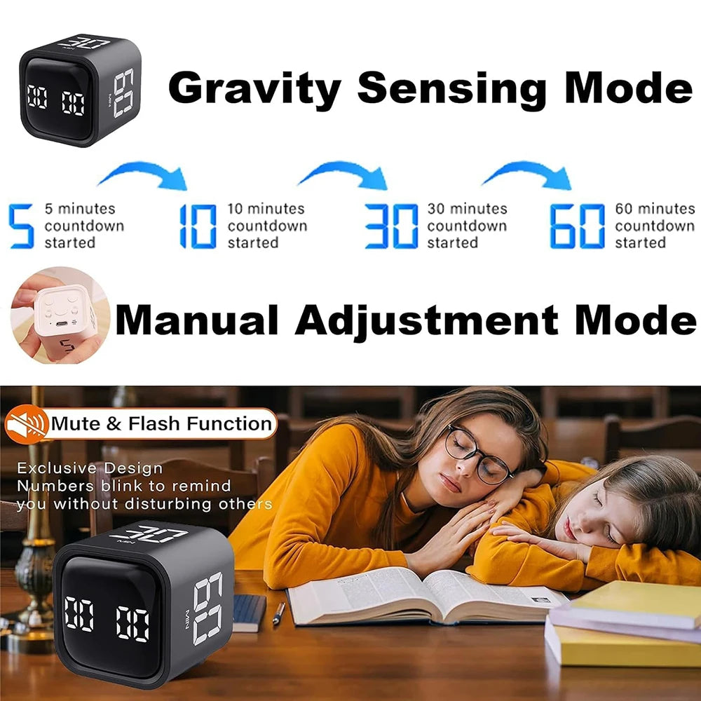 Adjustable Cube Timer - 5/10/30/60 Minute Countdowns, Settings - Pause, Resume, Silent, Vibrate & Sound Alarm for Work, Study