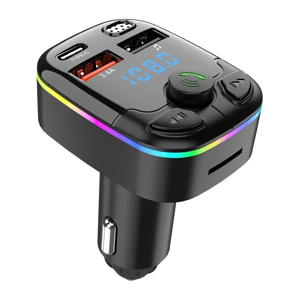 Car Bluetooth 5.0 FM Transmitter Type-C Dual USB Ambient Player Handsfree MP3 Type-C Wireless Light PD QC3.0 Car Charger Adapter