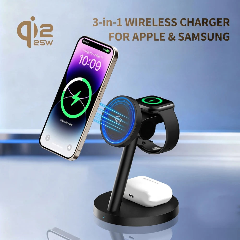 3in1 Qi2.2 25W Fast Wireless Charging Station 45W PD Plug For iPhone 17 16 Pro Max Plus Apple Watch Ultra SE 3 11 10 AirPods