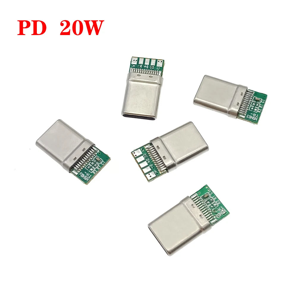 PCB Board Plug USB 3.1 Type-C PD 20W Connector 5Pin Male Receptacle Adapter to Solder Wire & Cable High Current Support