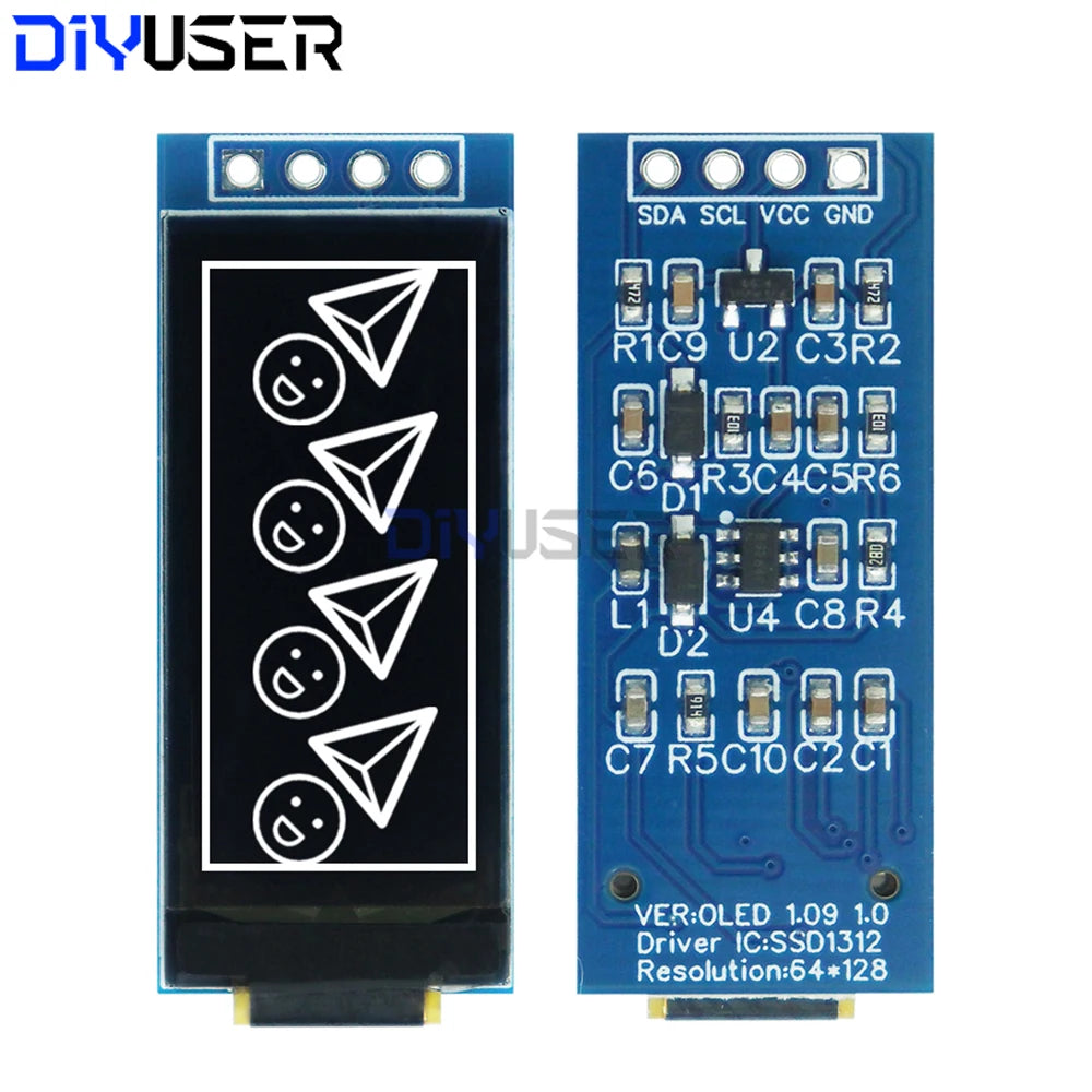 1.09 Inch OLED Display Module 128x64 White SSD1312 I2C, 4 Pin Interface for Raspberry Pi, Low Power Wide View
