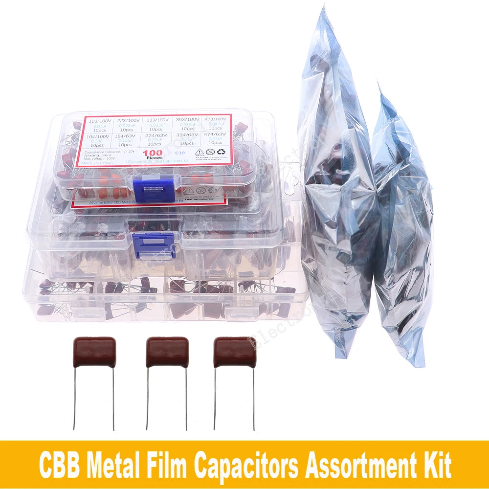 CBB Metal Film Capacitors Assortment Kit 100V 400V 630V 1000V 104 223 103 473 224 334 474 10nF 22nF 33nF 47nF 100nF 220nF 470nF